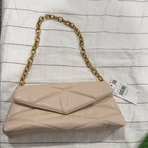Mango Cream Quilted Shoulder Bag with Gold Chain